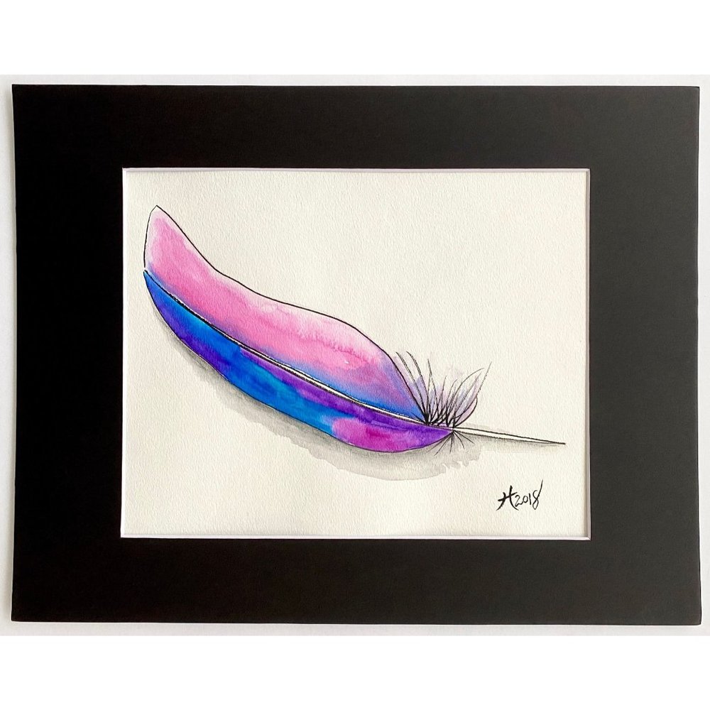 Softly Laid - Original Wall Art Watercolor Feather Painting 11"x14" Matted Decor